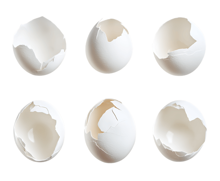 Six cracked eggshells on black background.