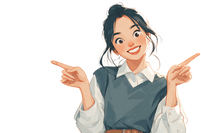 Cartoon woman joyfully pointing in opposite directions
