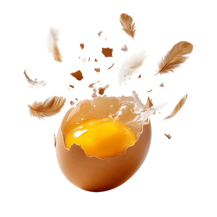 Broken egg with yolk and feathers