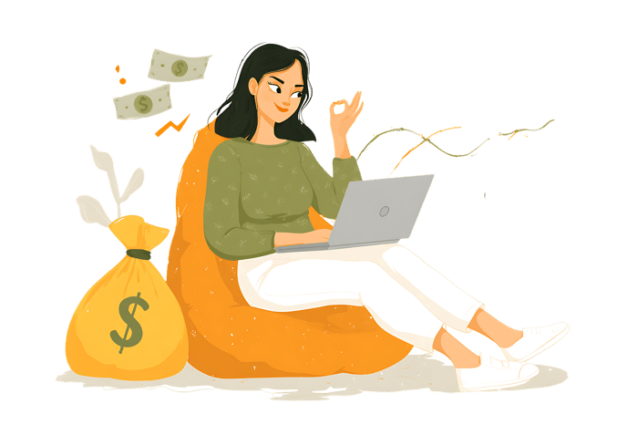 Woman earning money online, freelance work, financial success
