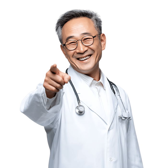 Smiling Asian doctor points at you