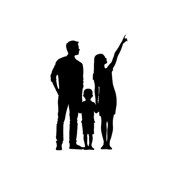 Silhouette of family pointing towards the future. Dreams, unity.