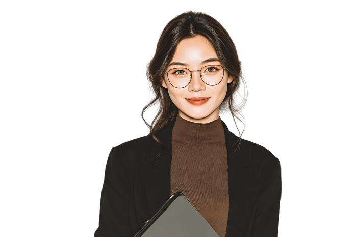 Portrait of a young woman wearing glasses and a turtleneck.