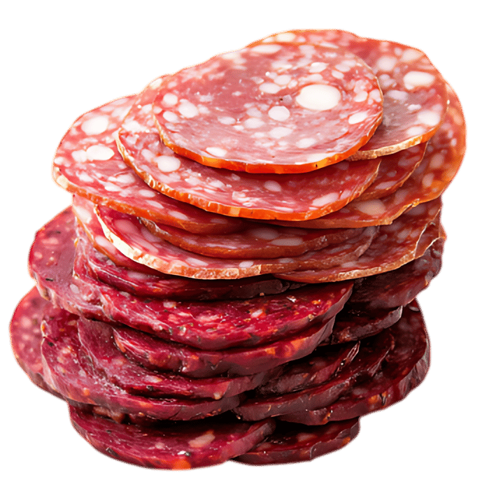 Stack of sliced salami and sausage.