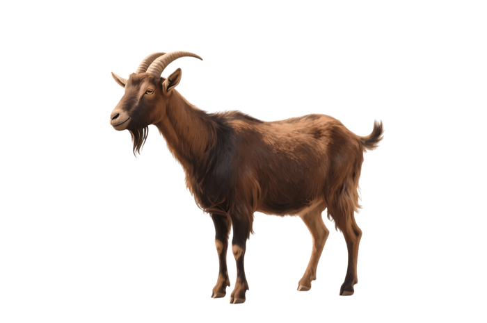 Brown goat with horns, beard, and tail on transparent background