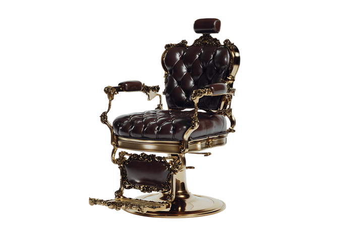 Luxury barber chair, vintage style, gold and leather.
