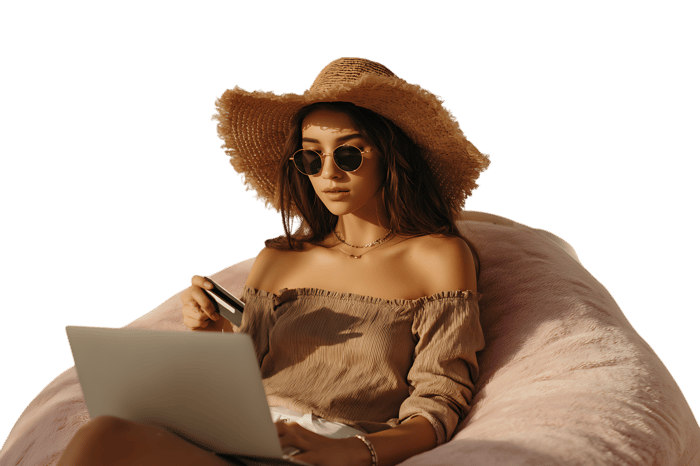Woman online shopping from a beanbag chair.
