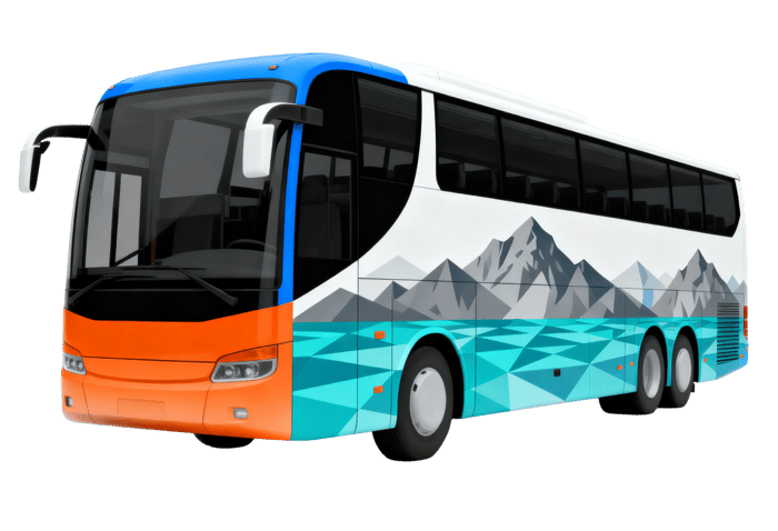 Tour bus with mountain design for travel and tourism concepts