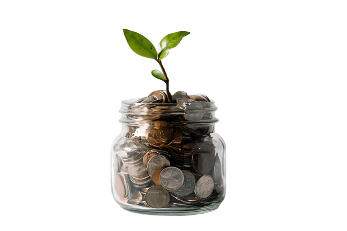 Growth from savings. Coins in jar.