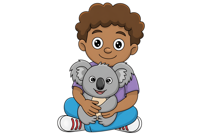 Cartoon boy hugging a koala bear