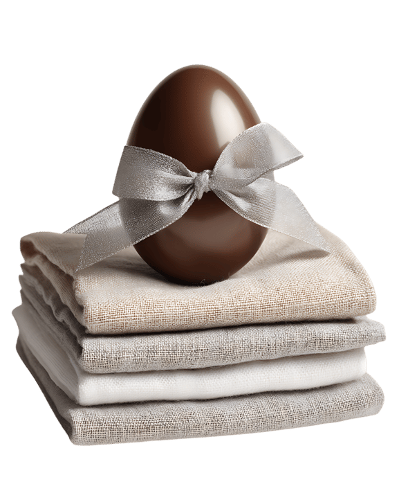 Chocolate egg with a silver ribbon.