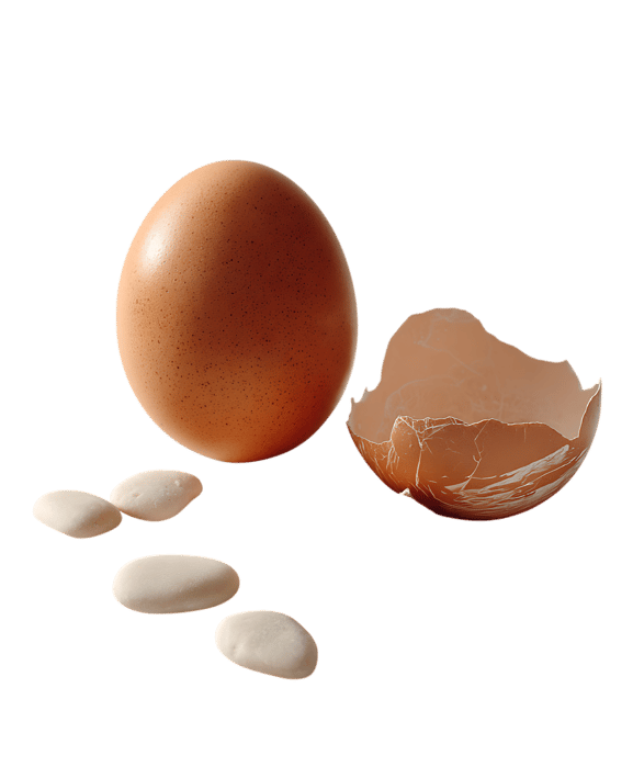 Brown egg, broken shell, white beans.