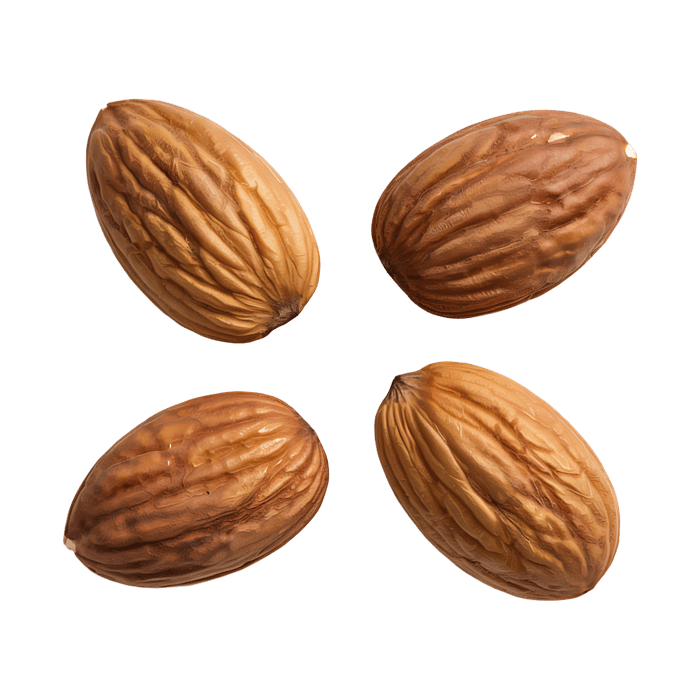 Close up of four almonds against a colorful background.