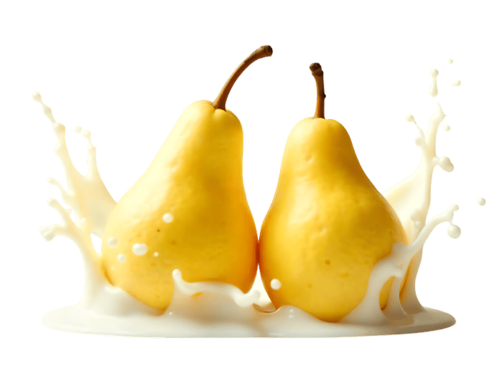 Two ripe yellow pears creating a splash in milk or cream, depicting freshness and natural flavor