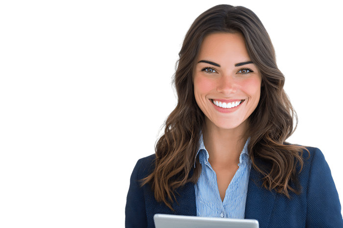 Smiling businesswoman holding a tablet.