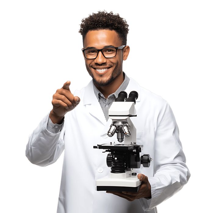 Smiling scientist holding a microscope.