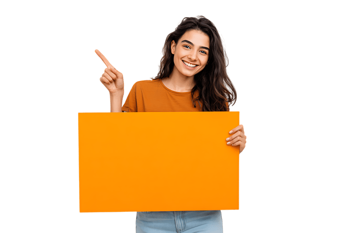 Smiling woman pointing at blank orange sign
