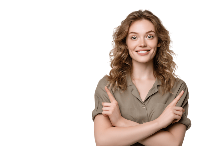 Smiling woman pointing with both index fingers