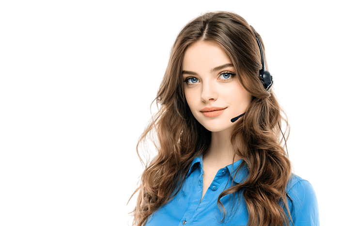 Smiling young woman with headset, providing customer service.