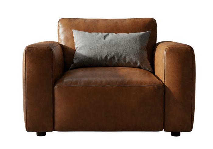 Brown leather armchair with gray cushion