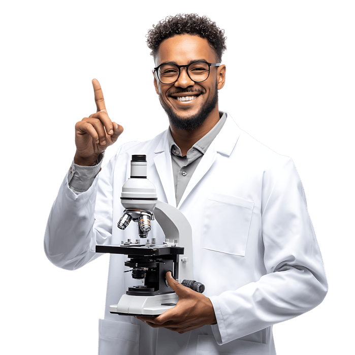 Smiling scientist holding microscope,  one finger raised.