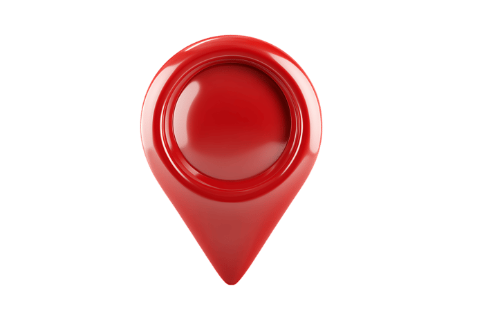 Red 3D location pin marker icon on black background.