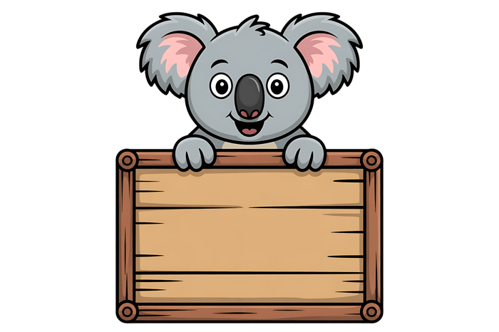 Cartoon koala holding a wooden sign