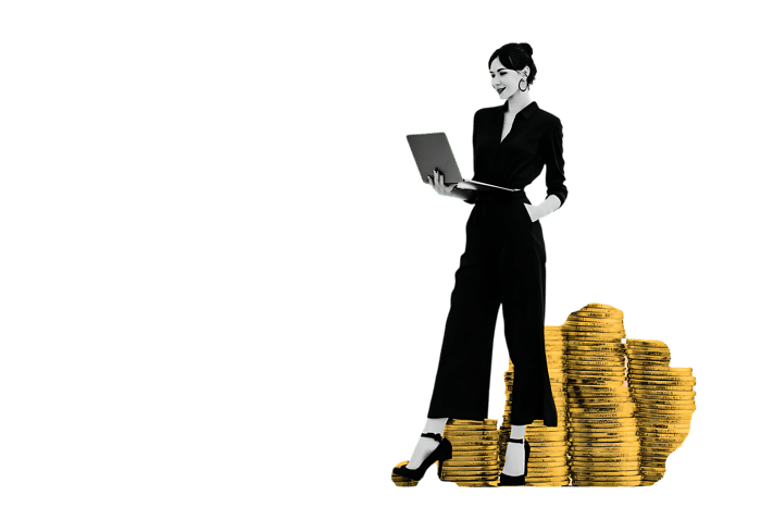 Businesswoman with laptop sitting on a pile of gold coins.