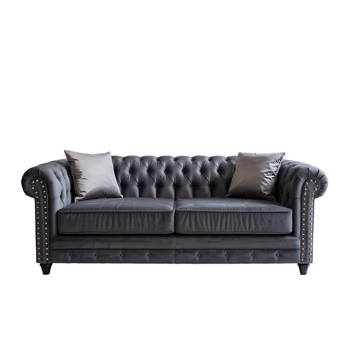Dark gray Chesterfield sofa with button tufting and nailhead trim