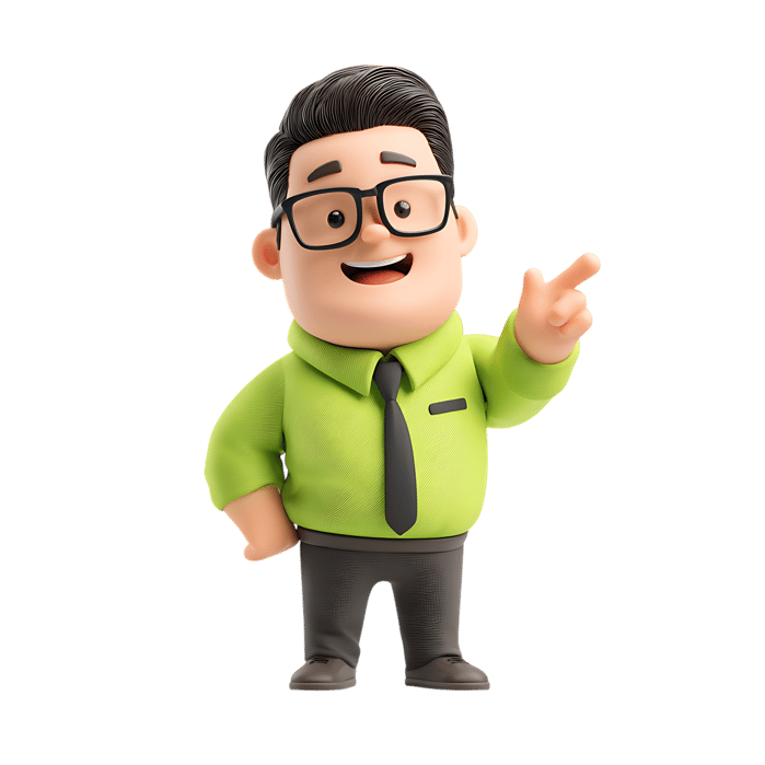 Friendly 3D businessman character pointing with finger, ideal for presentations or marketing.