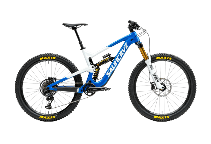 Blue and white full suspension mountain bike