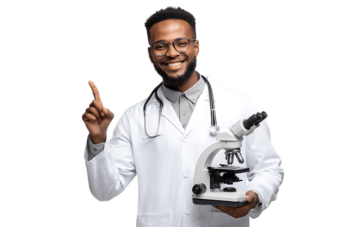 Smiling doctor holding microscope, pointing up.