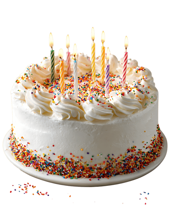 Festive birthday cake with lit candles