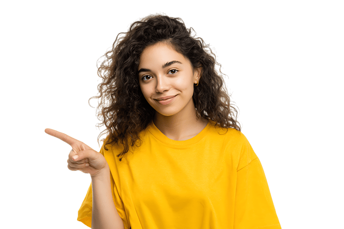 Smiling woman pointing her finger to the side. Great for advertising and product placement.