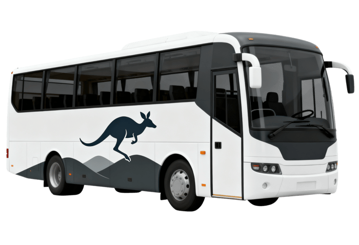 Modern passenger bus with kangaroo illustration on the side