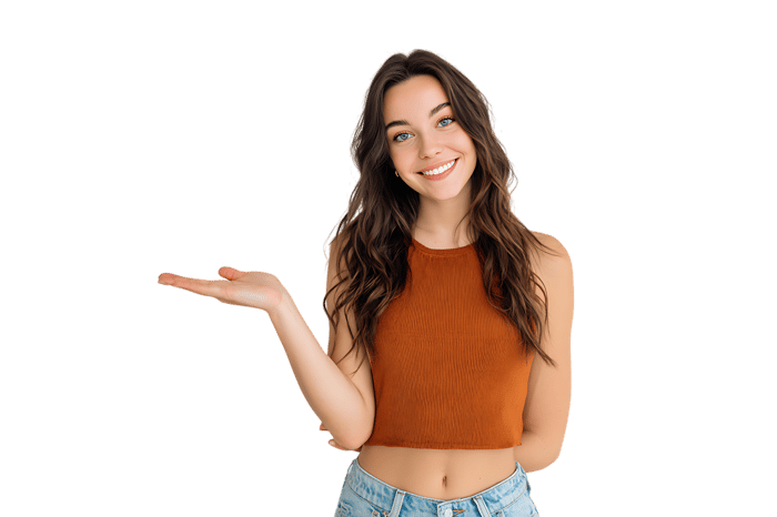 Happy young woman presenting something with open hand.  Perfect for advertising or marketing.