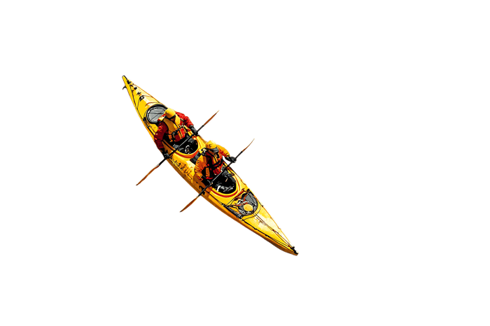 Aerial view of two kayakers on a yellow kayak.