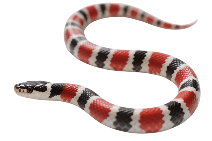 Scarlet kingsnake, non venomous snake with red, black and white bands