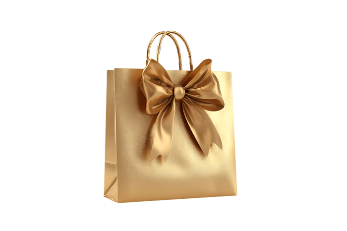 Elegant gold shopping bag with a satin bow. Perfect for holidays, gifts, or luxury branding