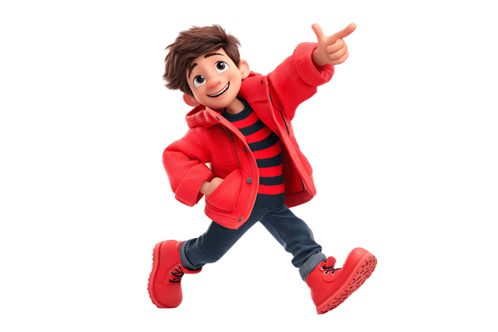 Cartoon boy running and pointing in a red coat