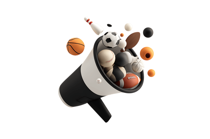 3D megaphone with sports balls exploding. Promotion, announcement concept.