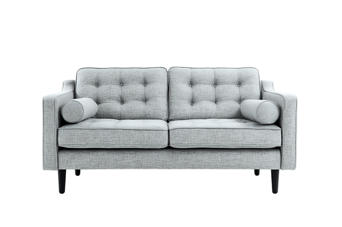 Modern light grey sofa with button tufting and dark legs.