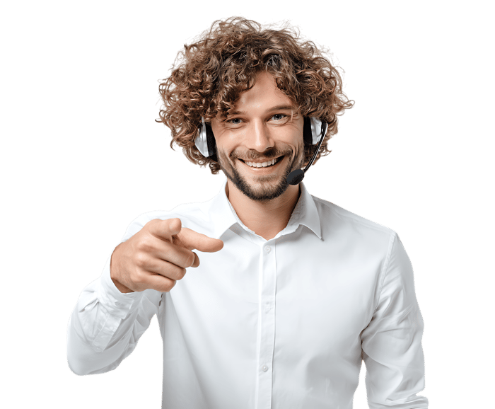 Smiling man with headset points