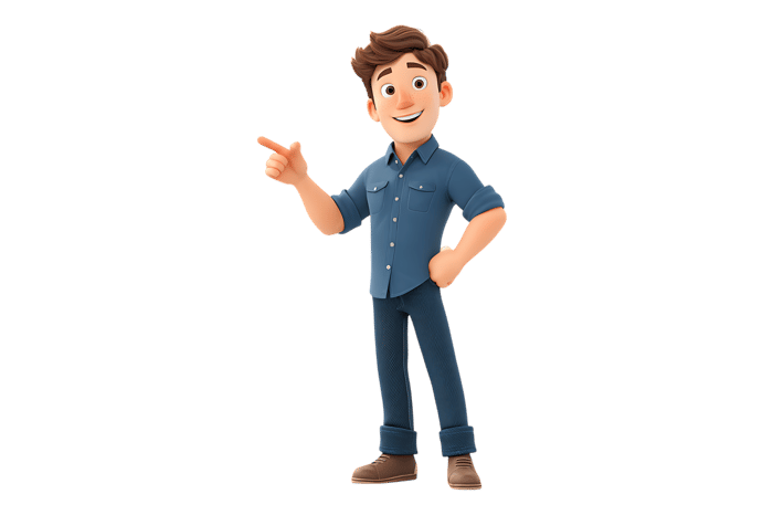 Cartoon 3d character of a young man pointing to the left