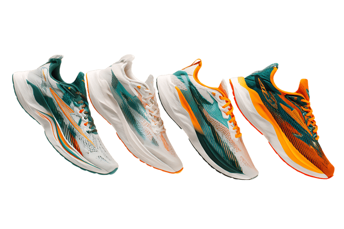 Four pairs of trendy athletic shoes in various colors