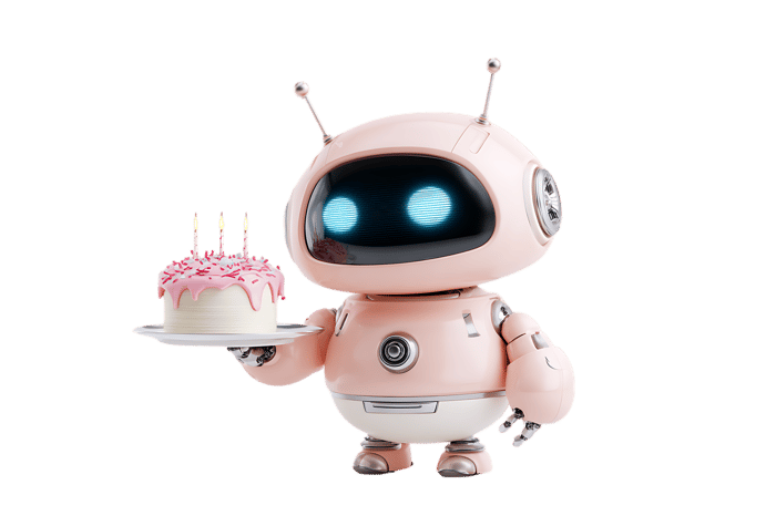 Adorable pink robot holding a birthday cake. Perfect for celebrations, technology, and AI themes