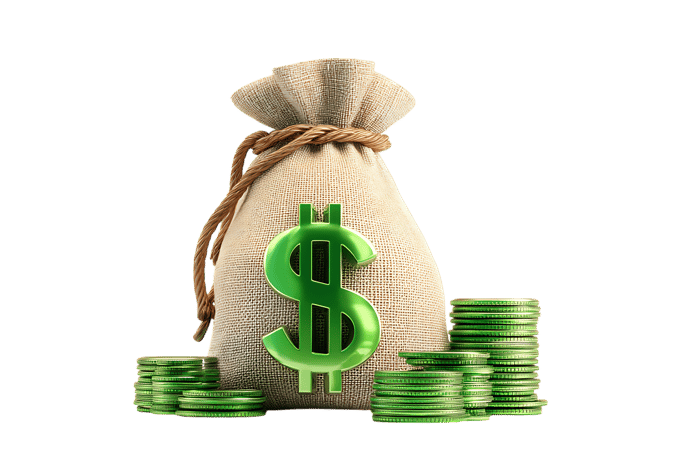 Green dollar sign on a money bag with stacks of coins.