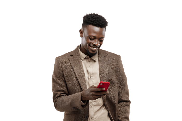 Smiling man in suit checking smartphone