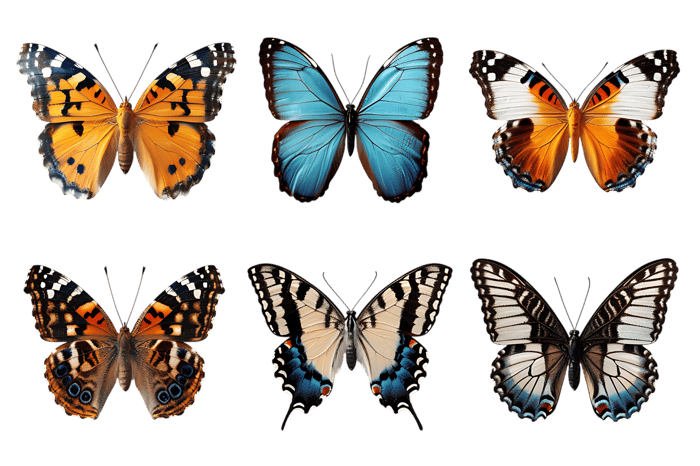 Collection of six vibrant butterfly specimens.
