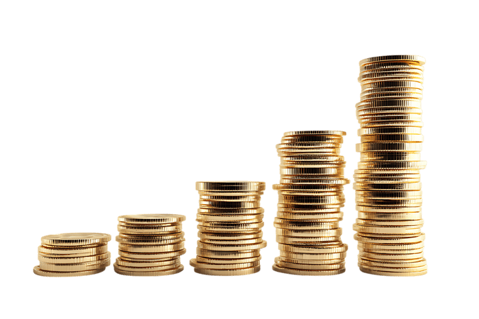 Golden coins stacked in ascending order378